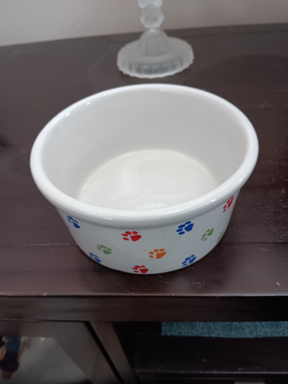 Unk White Ceramic Dog Bowl with Multi-Color Paw Prints
